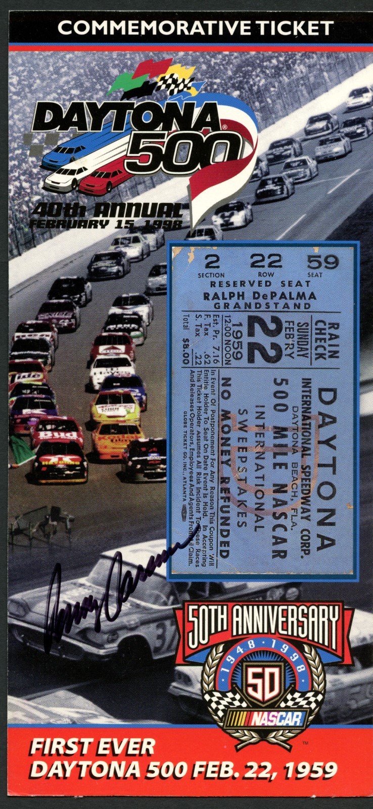 Benny Parsons (d 2007) signed autograph auto DAYTONA Commemorative Ticket NASCAR