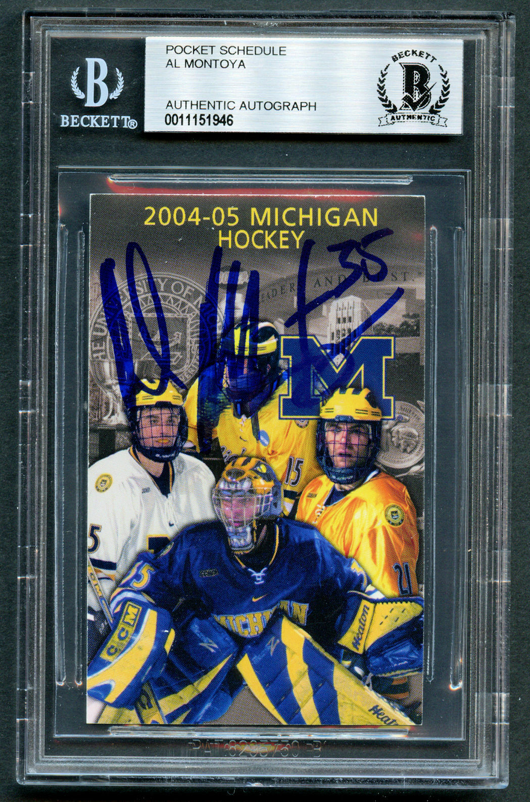 Al Montoya signed autograph 2004-05 Michigan Hockey Pocket Schedule BAS Slabbed