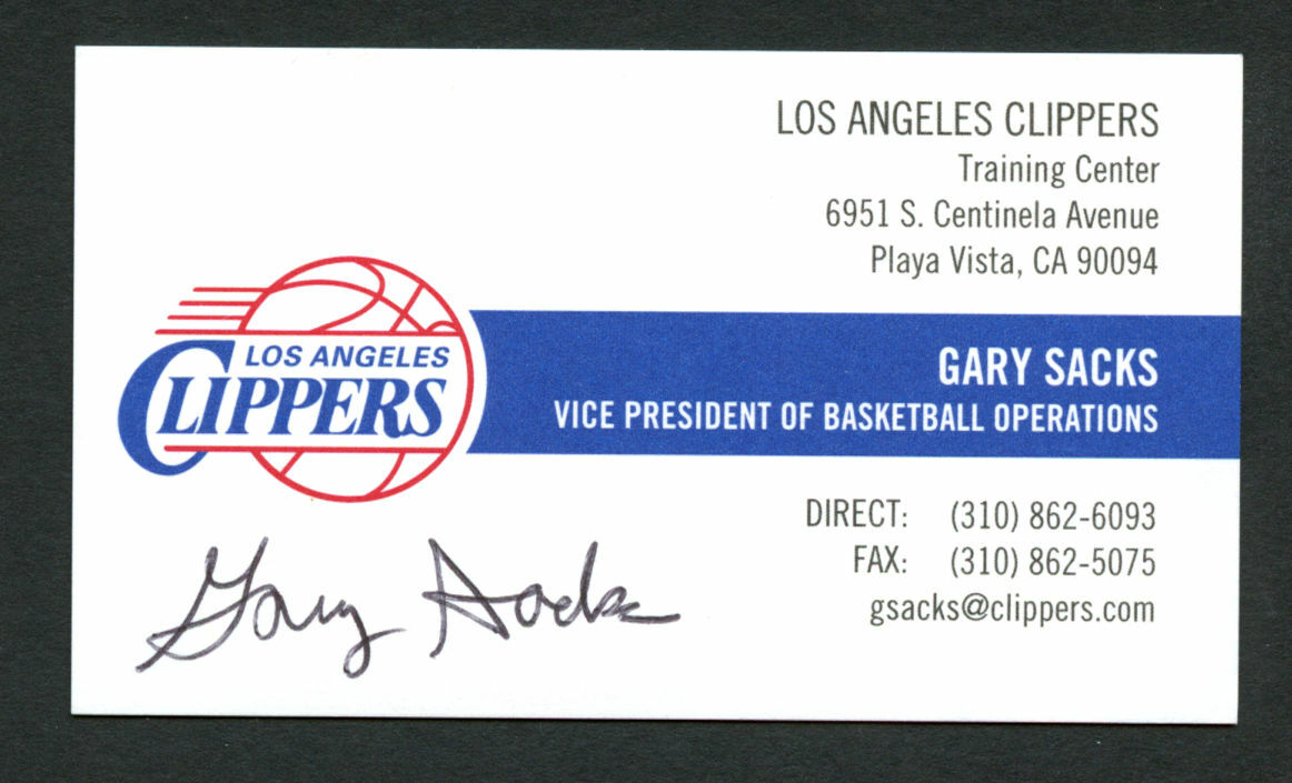 Gary Sacks signed autograph Los Angeles Clippers VP Business Card BC078