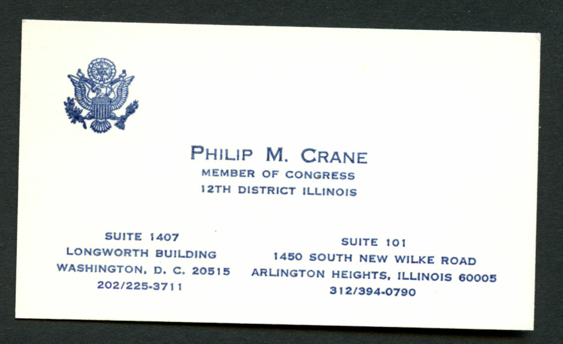 Philip M. Crane (d 2014) signed autograph Member of Congress Business Card BC563