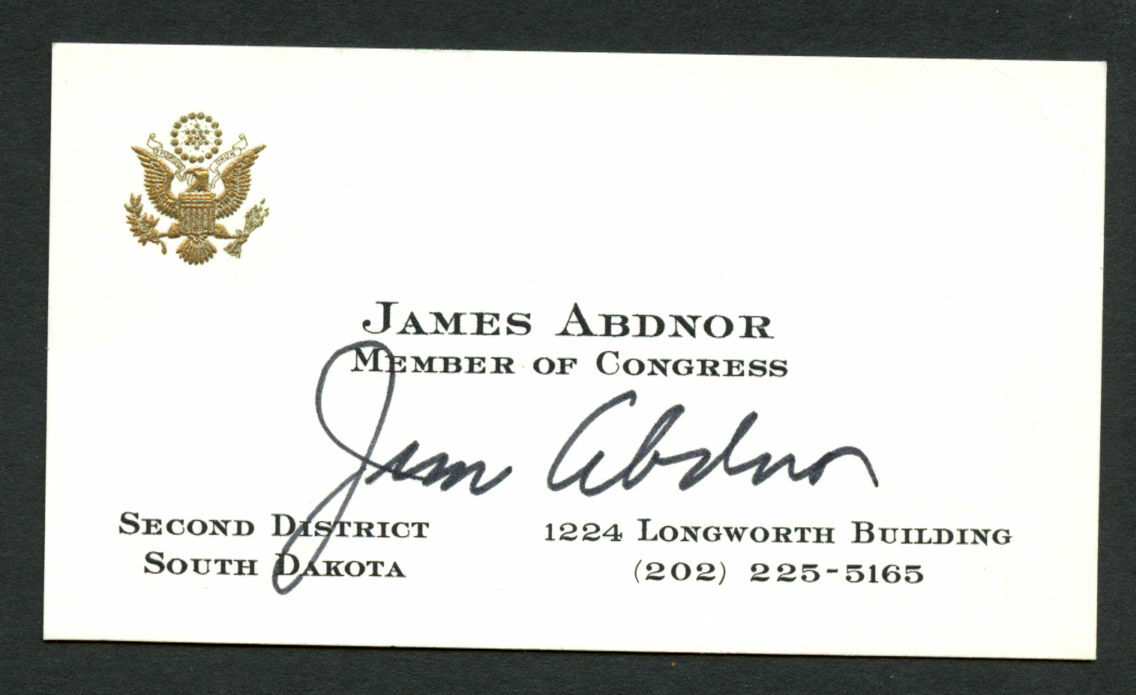 James Abdnor (d 2012) signed autograph SD Member of Congress Business Card BC554