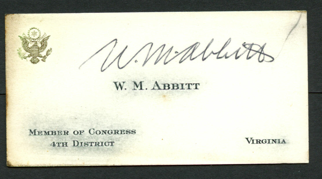 W. M. Abbitt (d. 1998) signed autograph Member of Congress Business Card BC531
