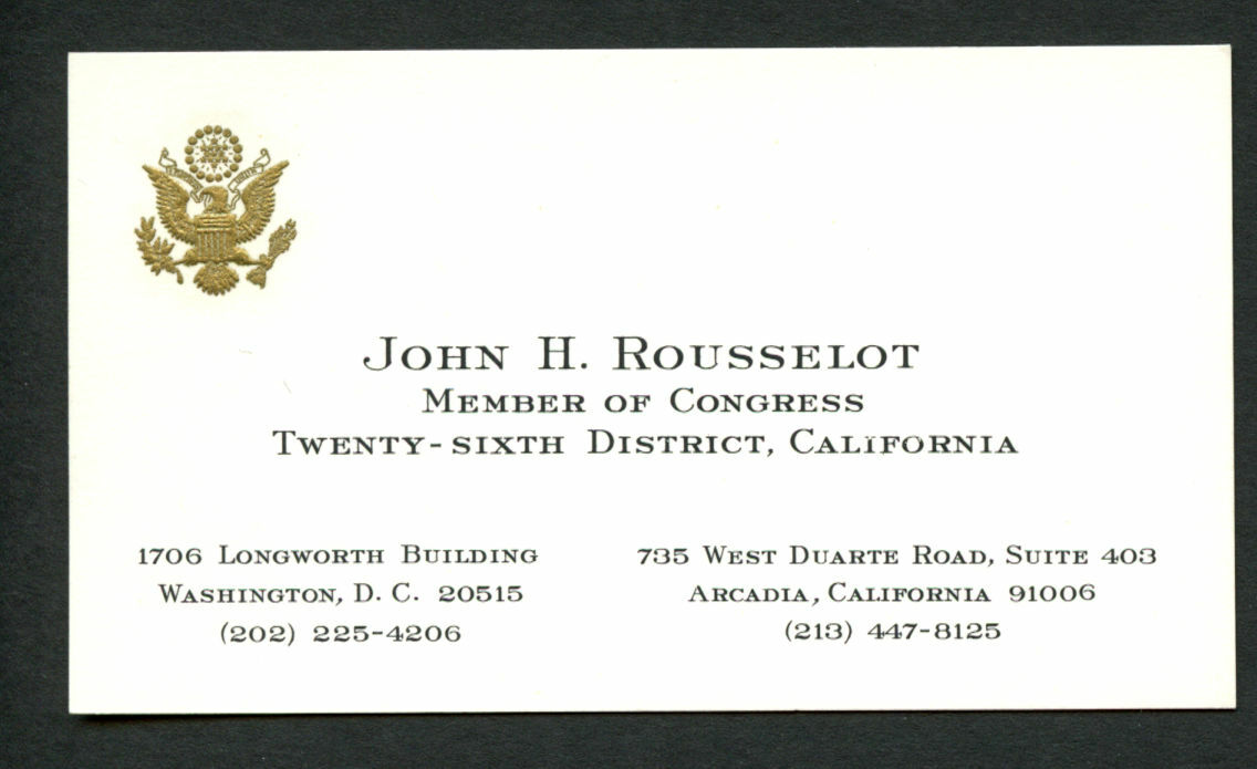 John Rousselot (d. 2003) signed autograph Member of Congress Business Card BC559