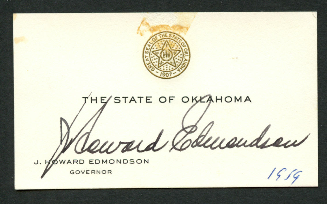 J. Howard Edmondson (d. 1971) signed auto Governor Oklahoma Business Card BC498