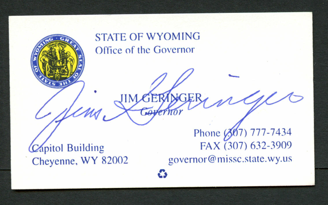 Jim Geringer signed autograph Governor of Wyoming Business Card BC500