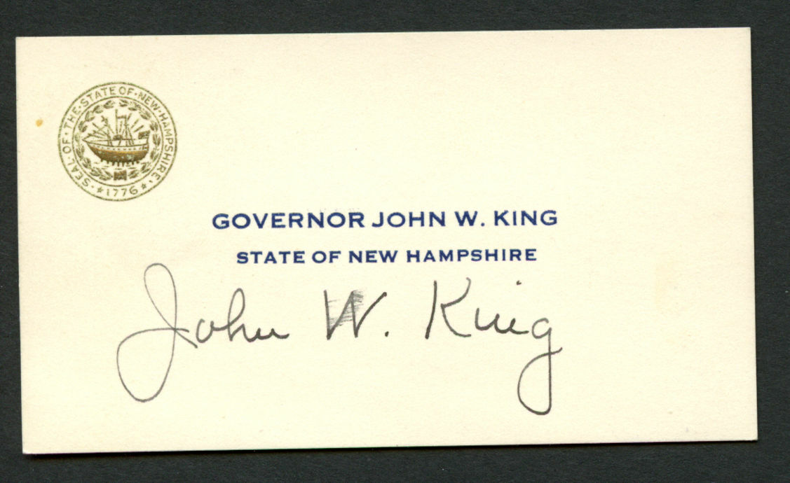 John W. King d. 1996 signed autograph Governor New Hampshire Business Card BC509
