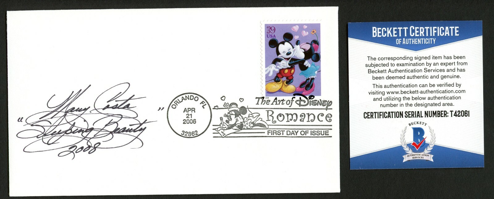 Mary Costa signed autograph First Day Cover Sleeping Beauty Beckett Authentic