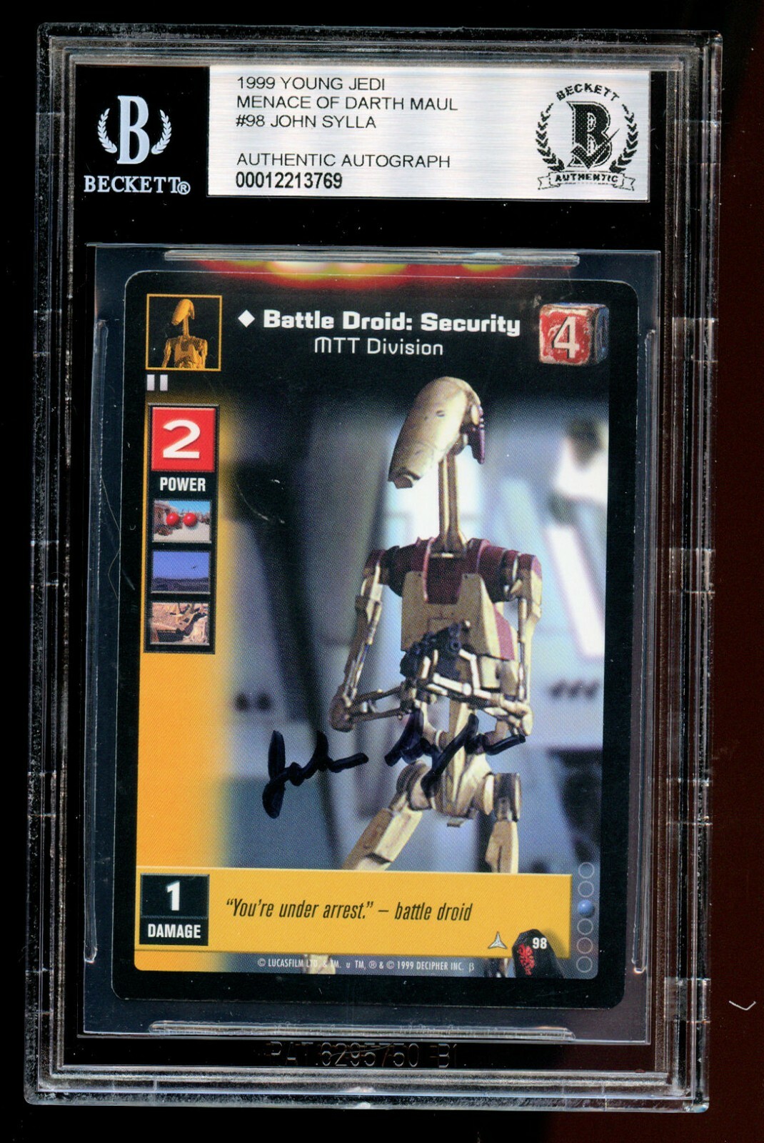 JOHN SYLLA #98 SIGNED AUTOGRAPH 1999 YOUNG JEDI MENACE OF DARTH MAUL CARD BAS COLLECTIBLE MEMORABILIA