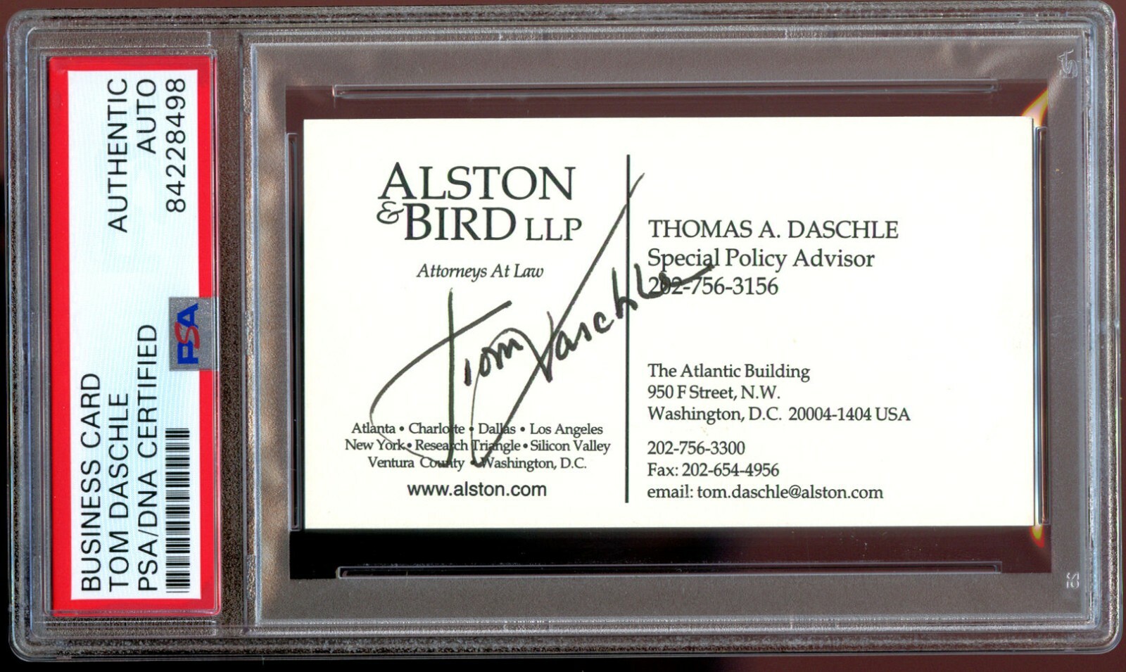 Tom Daschle signed autograph auto Alston & Bird LLP Business Card PSA Slabbed