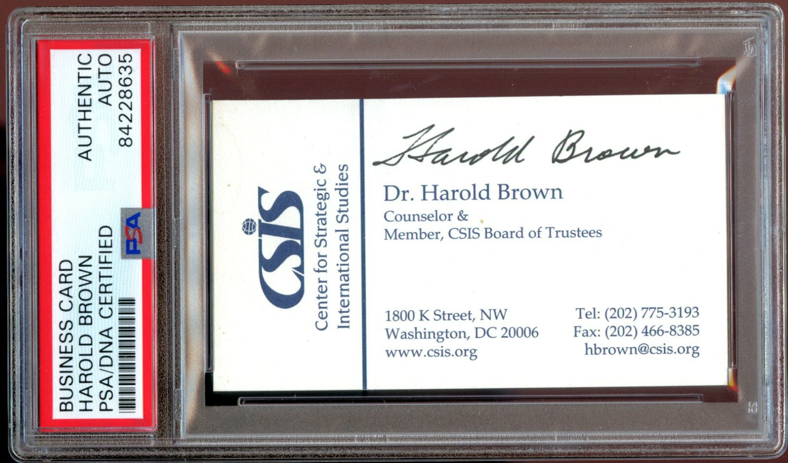 Harold Brown signed autograph CSIS Board of Trustees Business Card PSA Slabbed
