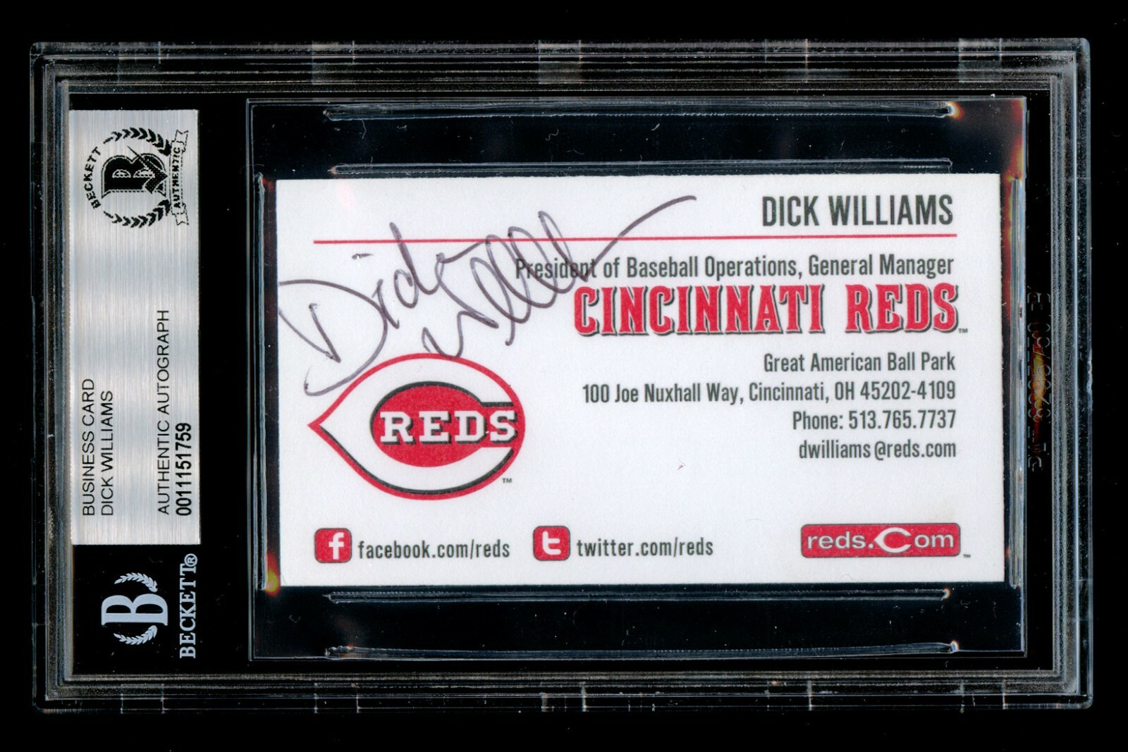 Dick Williams signed autograph General Manager Cincinnati Reds Business Card BAS