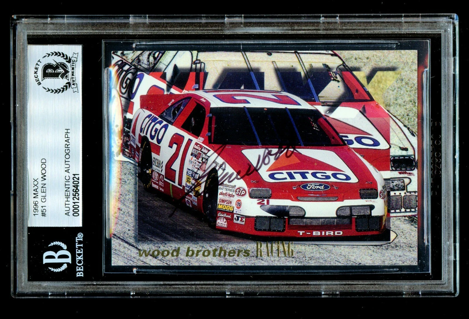 Glen Wood #51 signed autograph auto 1996 Mass NASCAR Trading Card BAS Slabbed