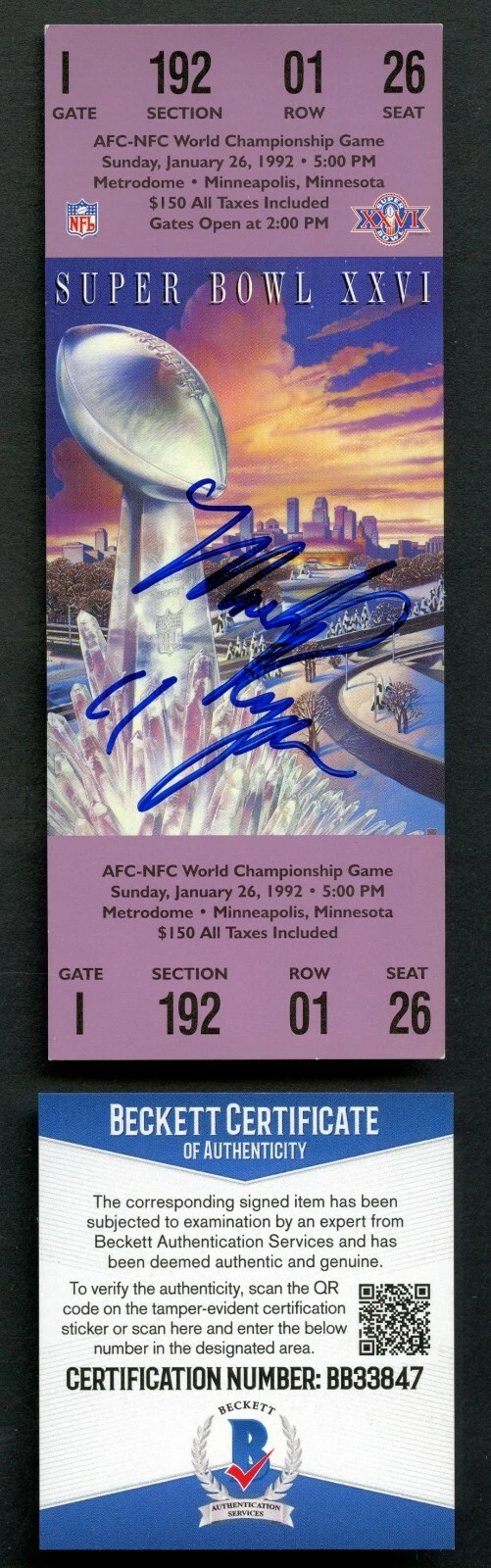 Mark Rypien signed autograph auto Replica Super Bowl XXVI Ticket BAS Certified