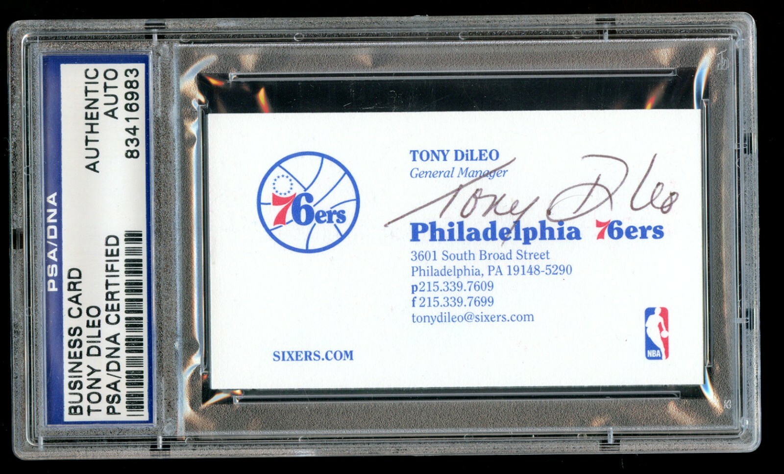 Tony DiLeo signed autograph auto Business Card Philadelphia 76ers GM PSA Slabbed
