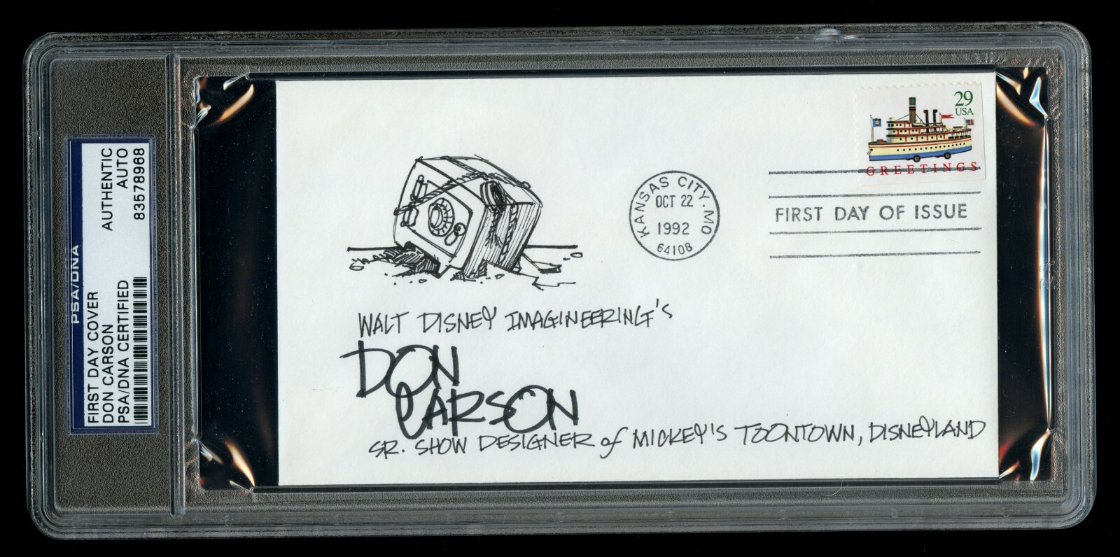 Don Carson signed original sketch FDC Walt Disney Imagineer Show Designer PSA