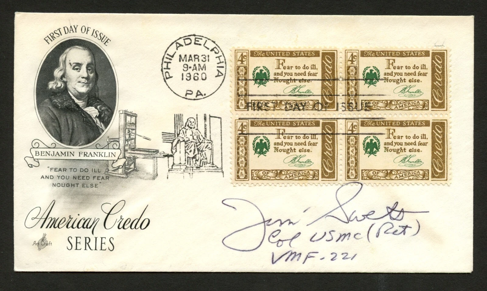 James Jim Swett d2009 signed auto FDC Ace & Medal of Honor Recipient USMC WWII