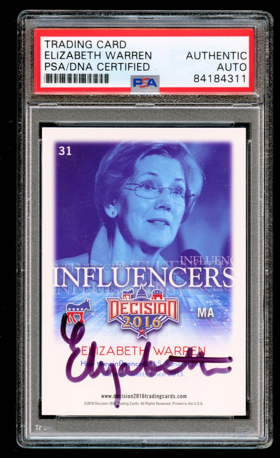 Elizabeth Warren #31 signed autograph auto Decision 2016 Influencers Card PSA