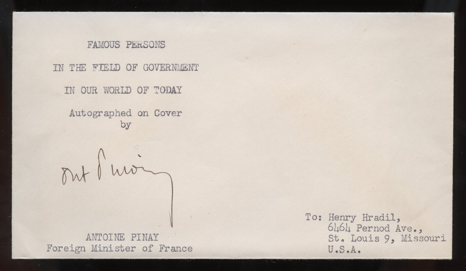 Antoine Pinay d1994 signed autograph French Politician Prime Minister France FDC