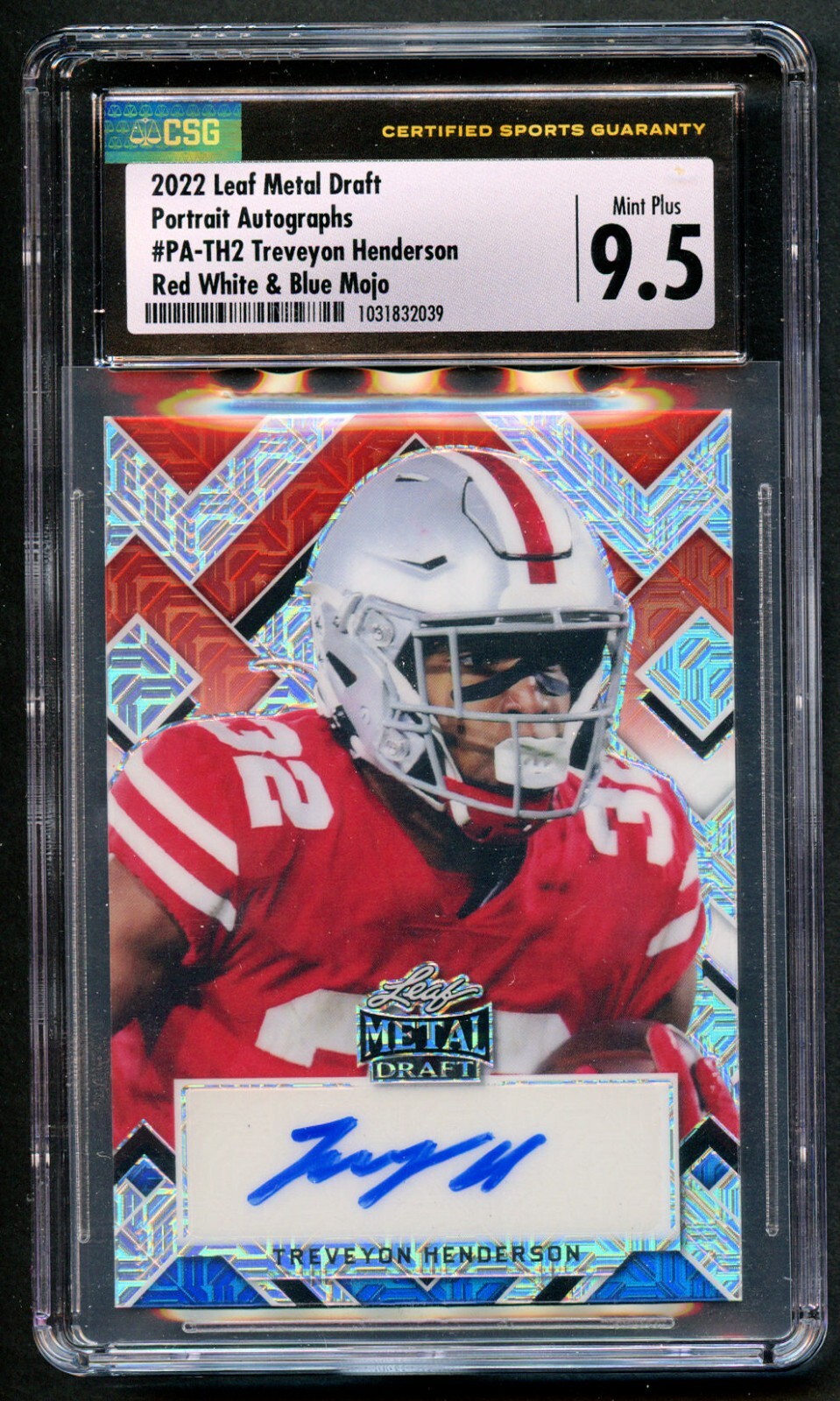Treveyon Henderson #PA-TH2 Leaf Metal 2022 Draft Portrait Autographs 3/3 CSG 9.5