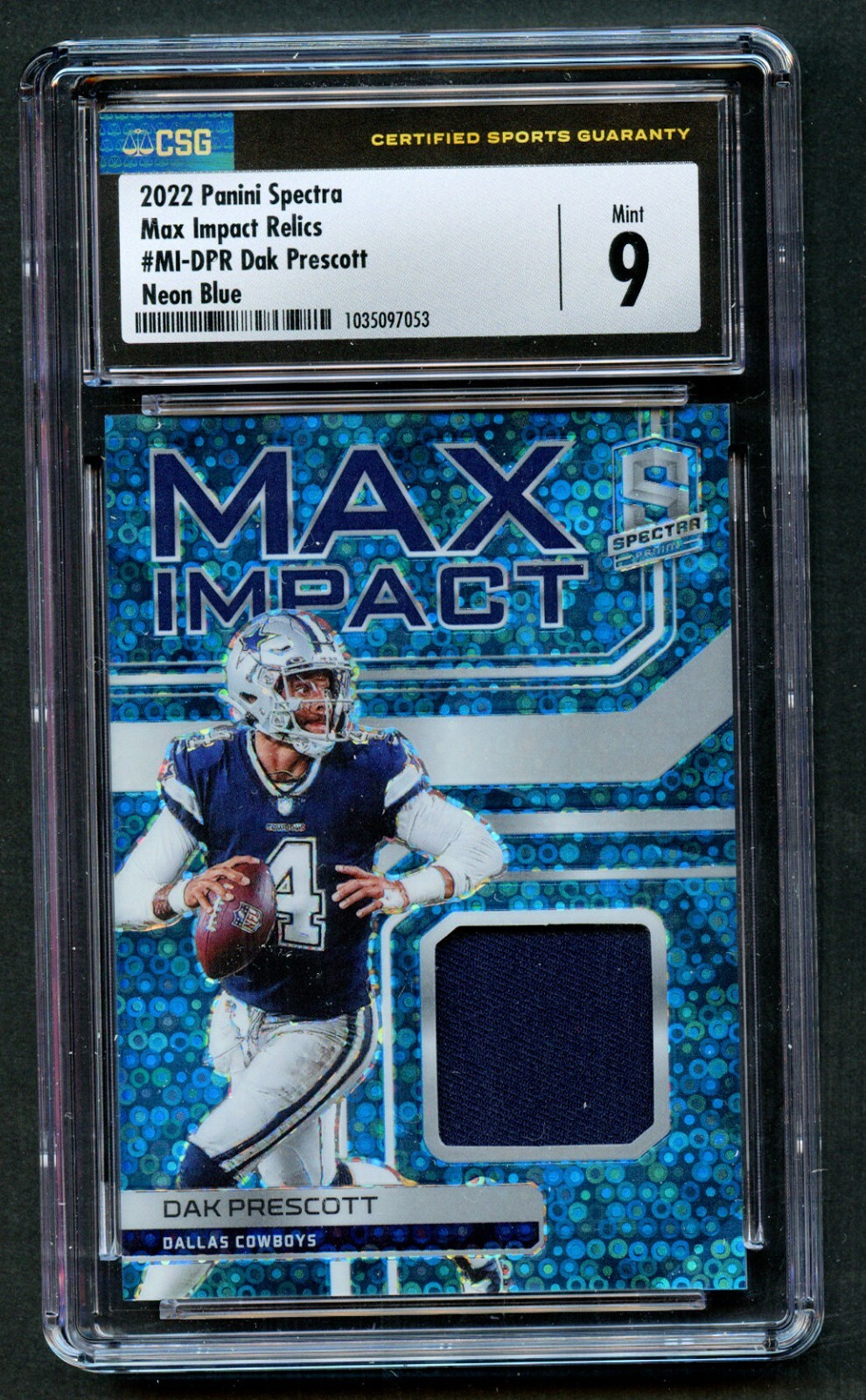 Dak Prescott #MI-DPR Panini 2022 Spectra Max Impact Relics Neon Blue 52/60 CSG 9
