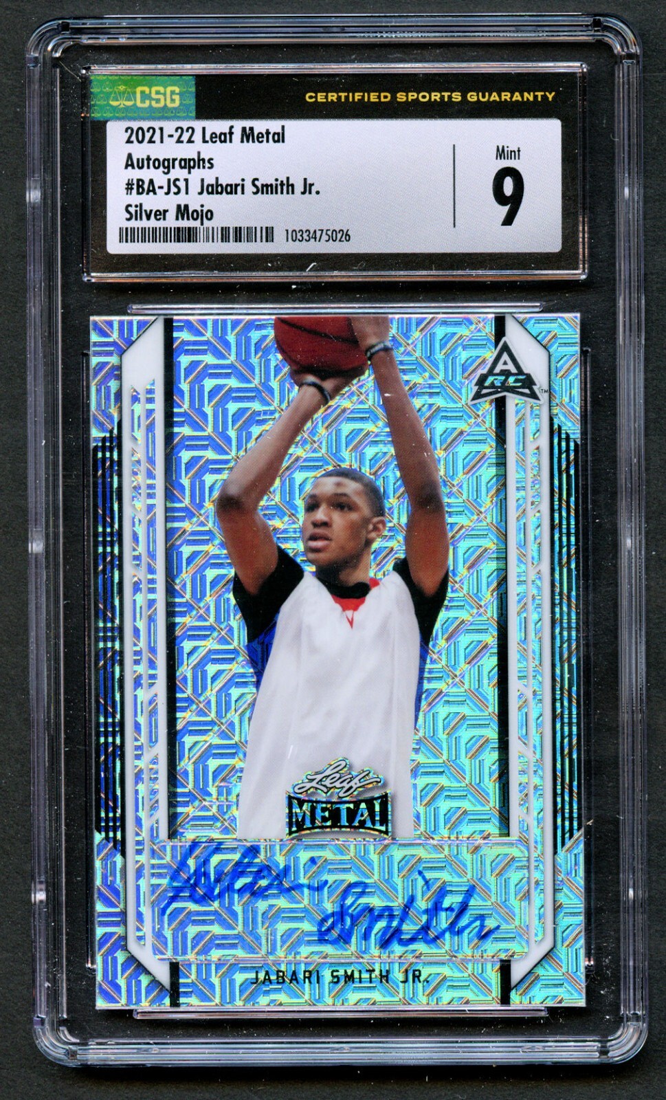 Jabari Smith #BA-JS1 2021-22 Leaf Metal Autographs Silver Mojo CSG 9 Auto 9