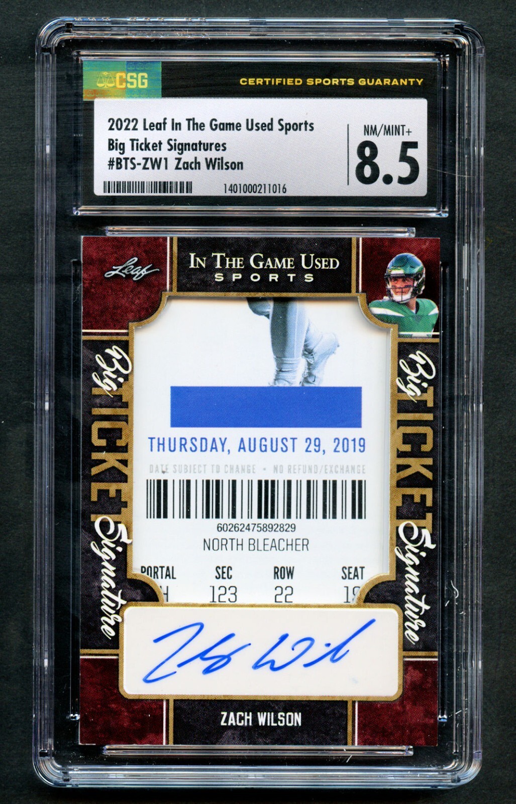 Zach Wilson 2022 Leaf In The Game Used Big Ticket Signatures CSG 8.5 Auto 10