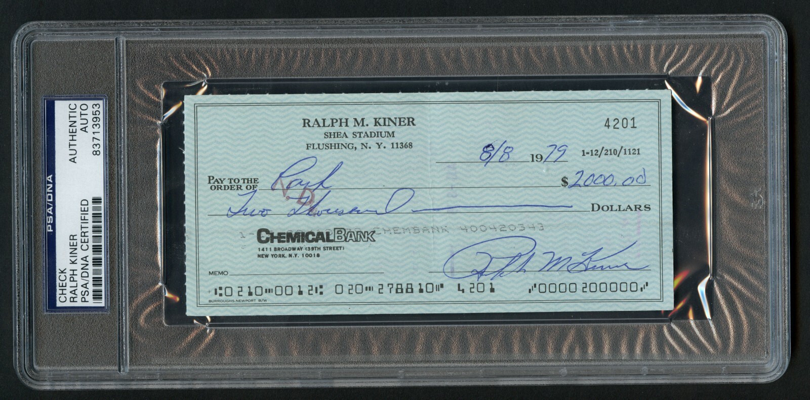 Ralph Kiner dual signed autograph auto Bank Check Baseball Hall of Fame PSA Slab