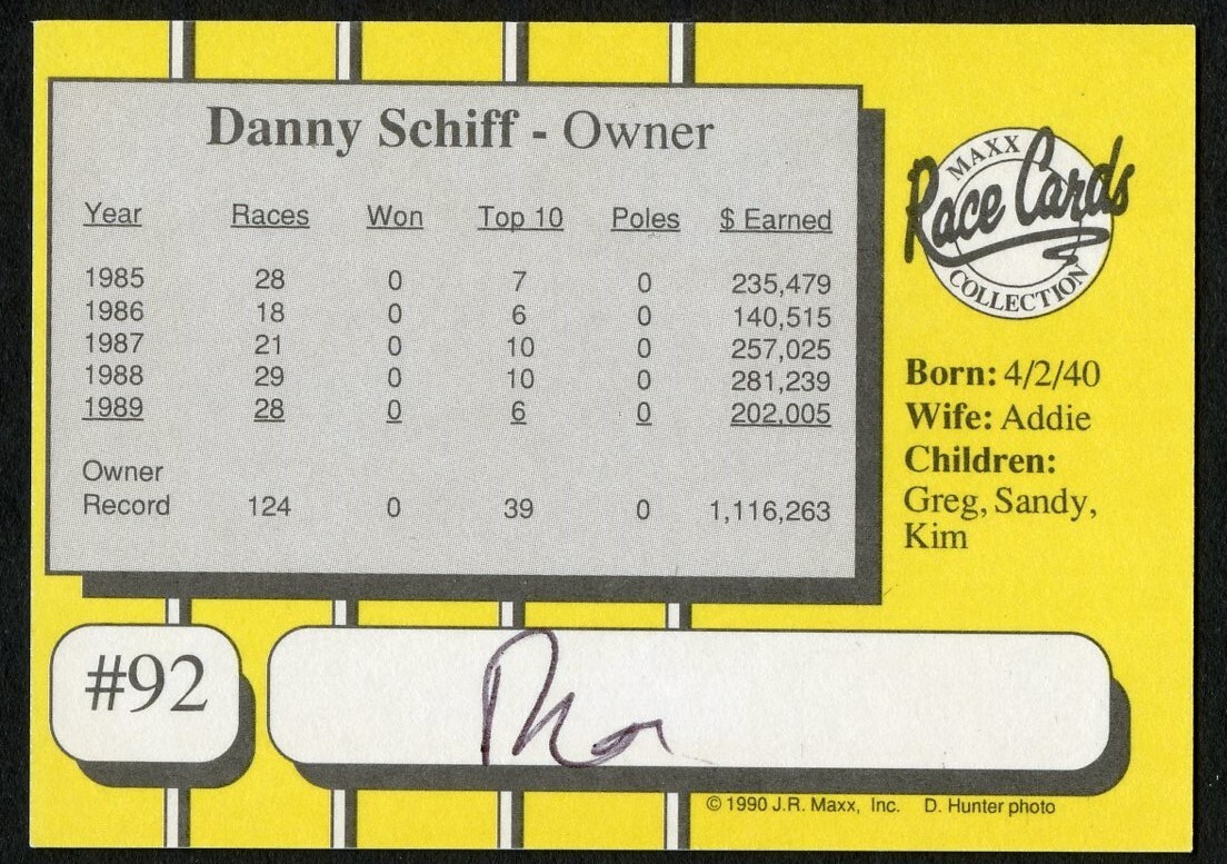Danny Schiff #92 signed autograph auto 1990 Maxx NASCAR Racing Trading Card