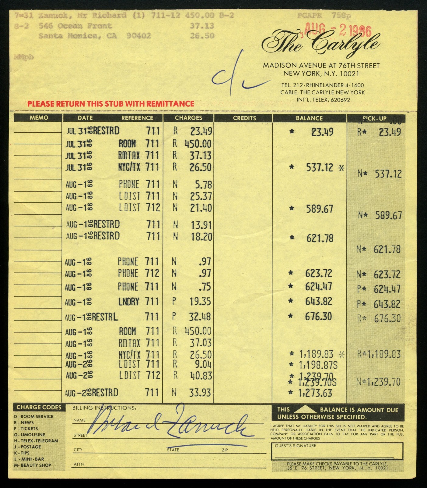 Richard Zanuck d2012 signed autograph The Carlyle Hotel New York Folio Receipt