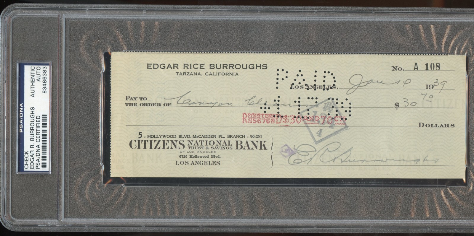 Edgar R. Burroughs signed autograph auto Bank Check Writer Tarzan PSA Slabbed