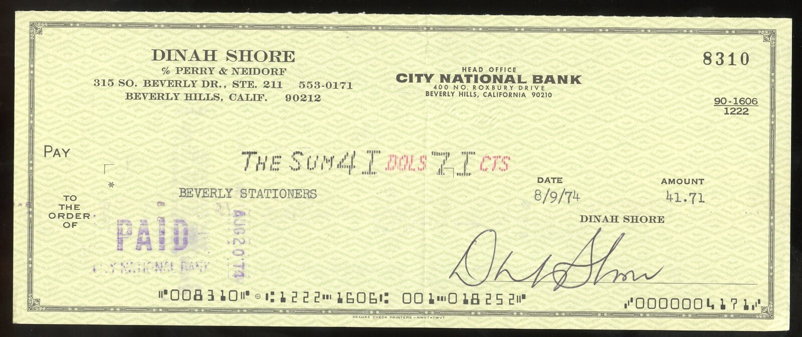 Dinah Shore d1994 signed check auto American Singer and Actress