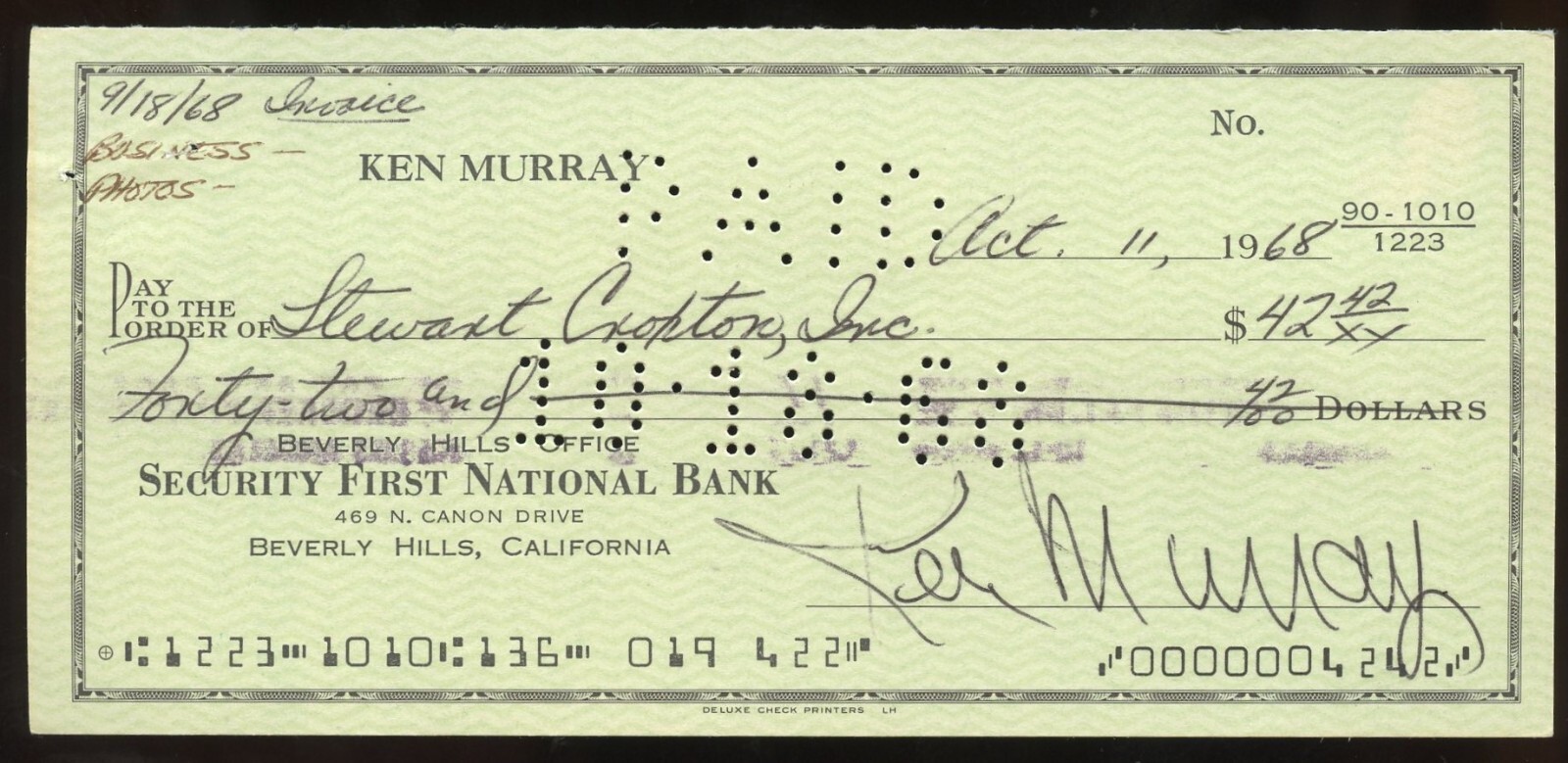 Ken Murray d1988 signed check auto American Actor and Comedian