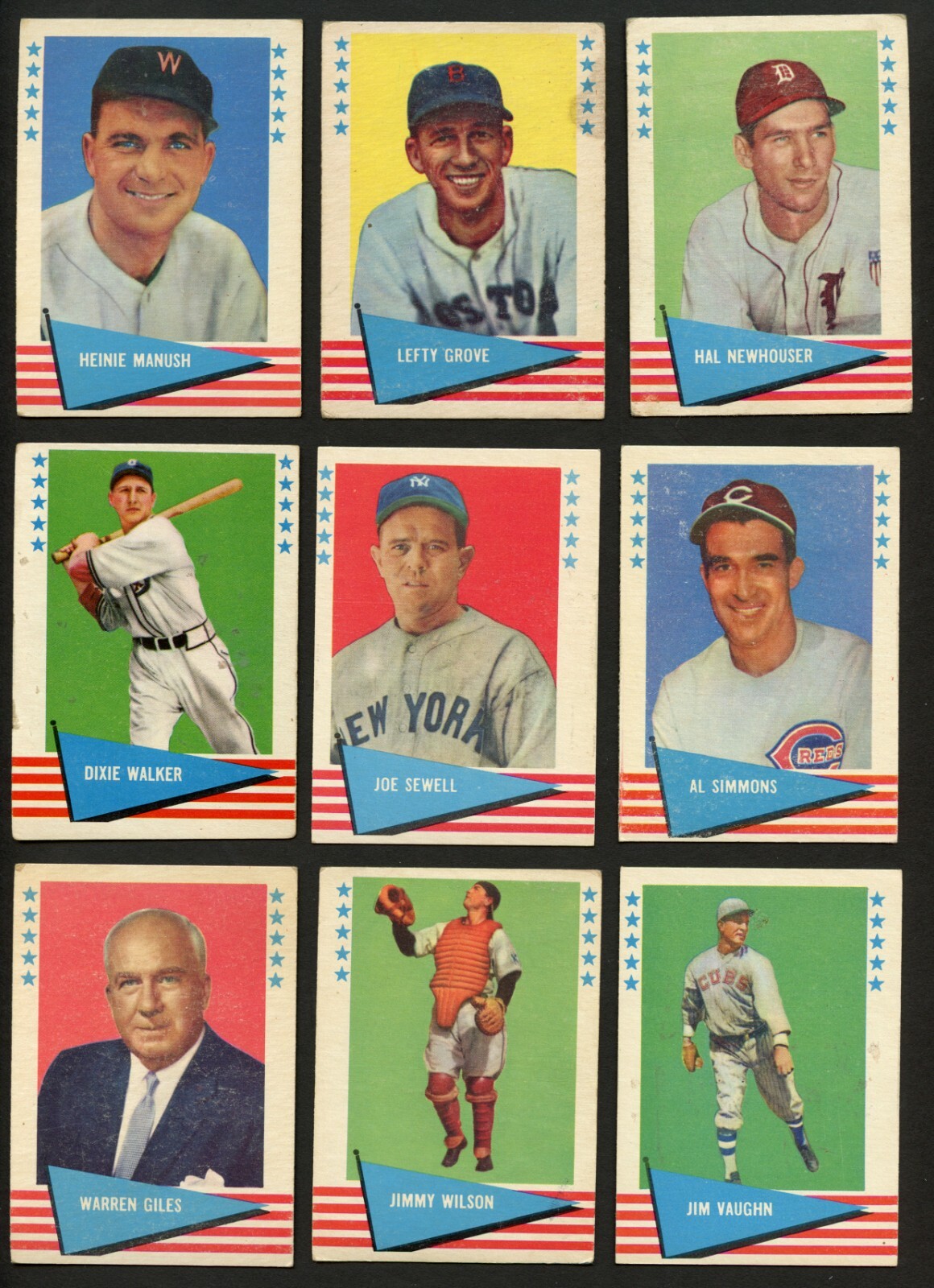 (9) 1961 Fleer Baseball Card Lot w/ Dixie Walker, Heinie Manush, Al Simmons