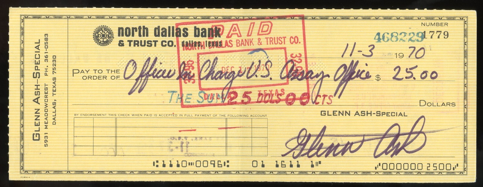 Glenn Ash d2018 signed check auto American Actor and Comedian