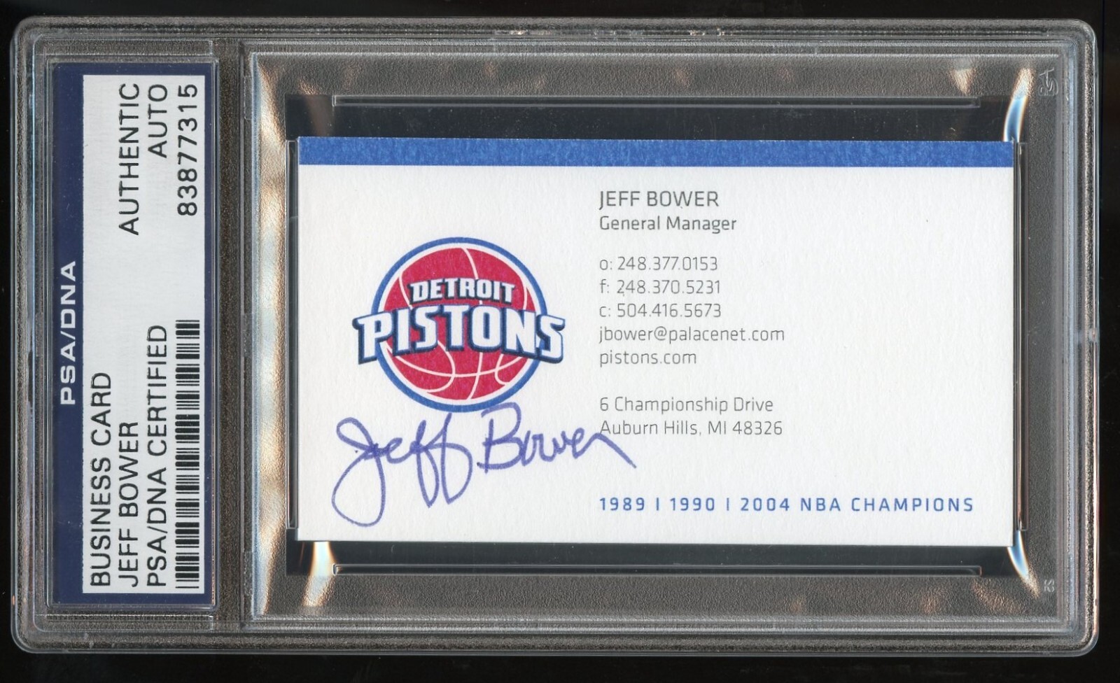 Jeff Bower signed autograph General Manager Pistons Basketball Business Card PSA