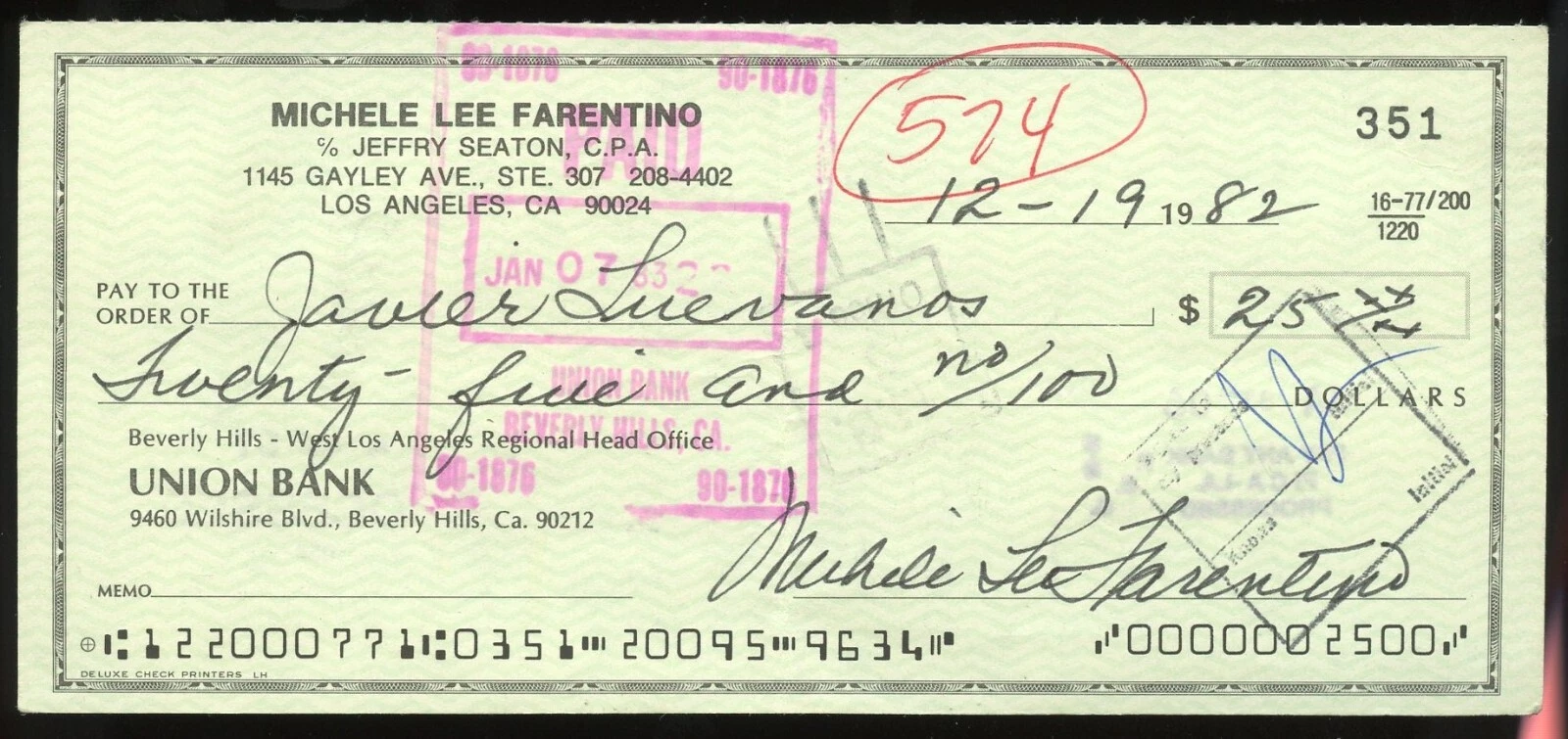 Michele Lee Farentino signed check autograph auto American Actress and Singer