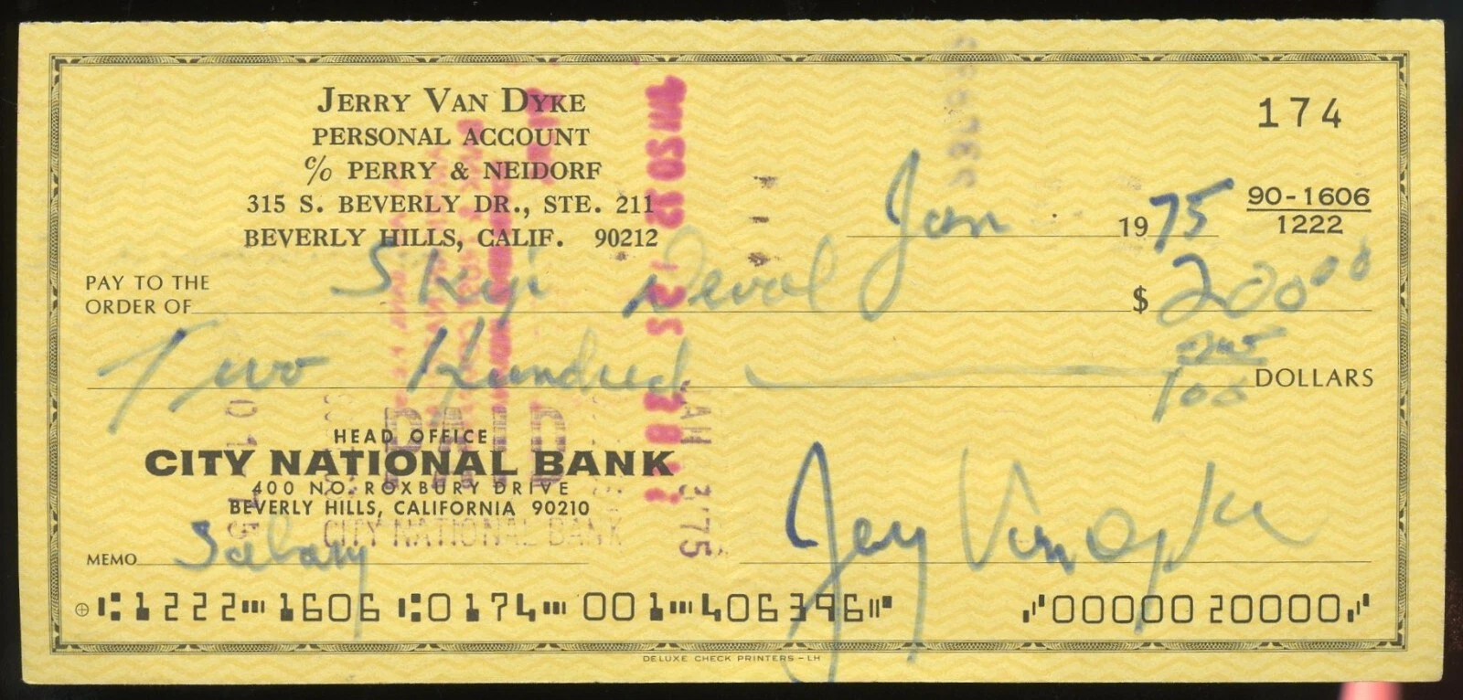 Jerry Van Dyke d2018 signed check autograph auto American Actor & Comedian