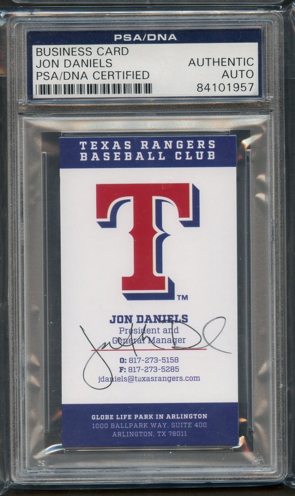 Jon Daniels signed autograph Texas Rangers President Business Card PSA Slabbed