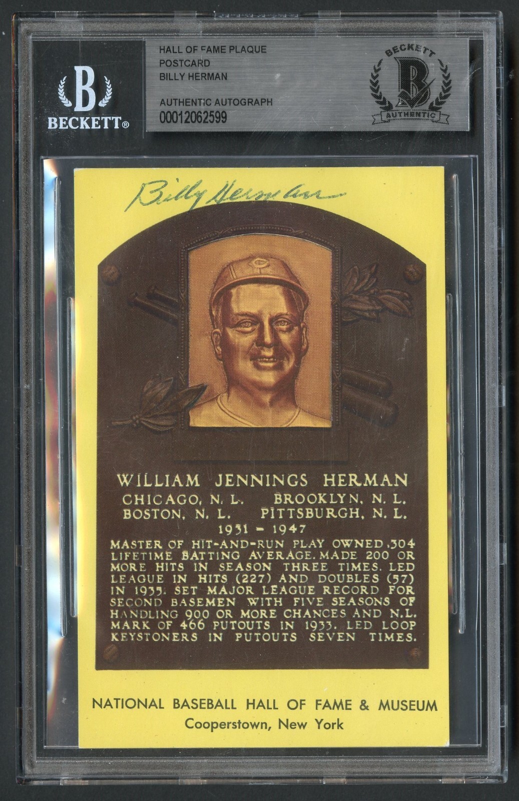 William Billy Herman signed autograph Baseball HOF Gold Plaque Postcard BAS Slab