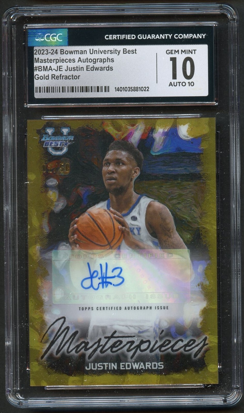 Justin Edward BMA signed autograph 2023-24 Bowman University 2/50 CGC 10 Auto 10
