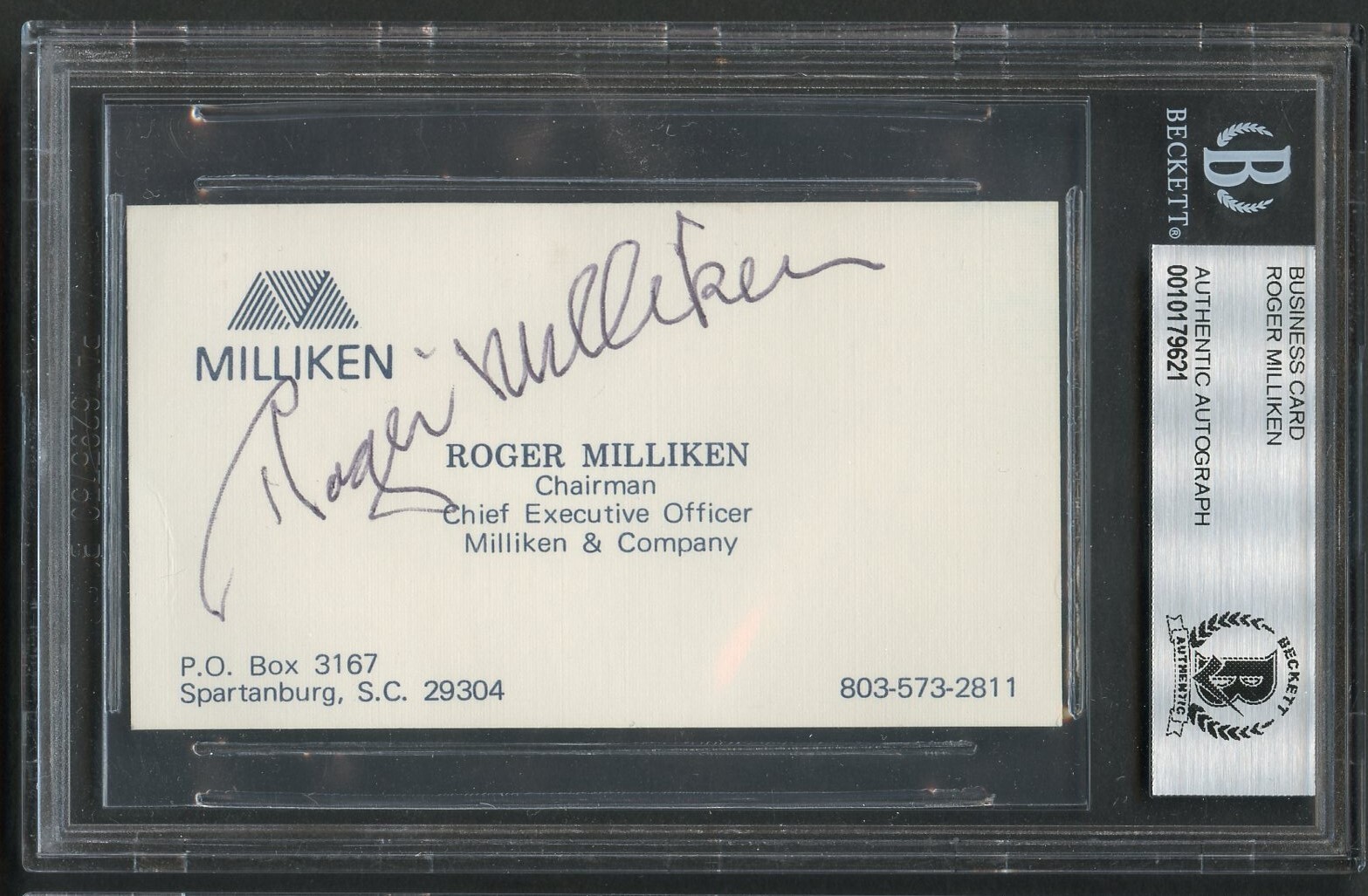 Roger Milliken signed autograph CEO Milliken & Company Business Card BAS Slabbed