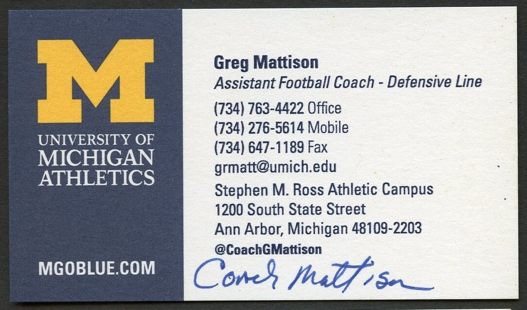 Greg Mattison signed autograph Assistant Football Coach Business Card BC020