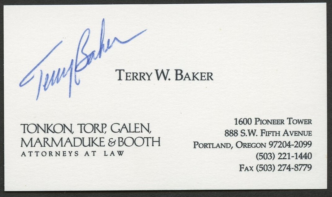 Terry W. Baker signed autograph Founding Partner Tonkon Torp Business Card BC033