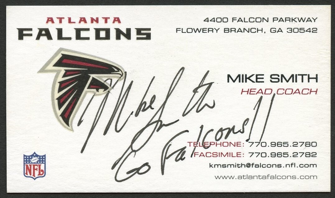 Mike Smith signed autograph Head Coach Atlanta Falcons Business Card BC015