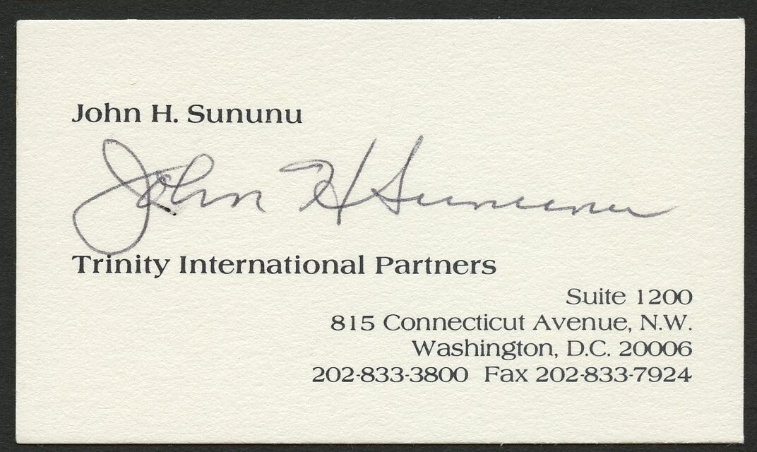John H Sununu signed autograph Trinity International Partner Business Card BC432