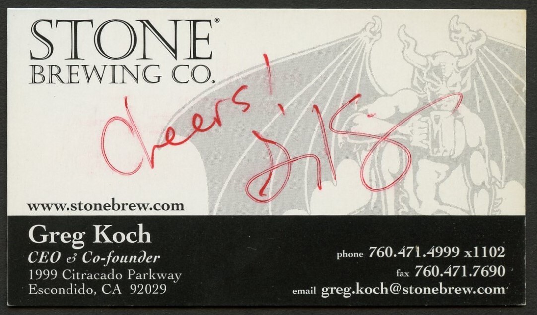Greg Koch signed autograph CEO Stone Brewing Company Business Card BC152