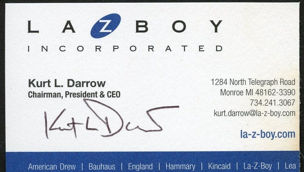 Kurt L Darrow signed autograph CEO Lazboy Incorporated Business Card BC087
