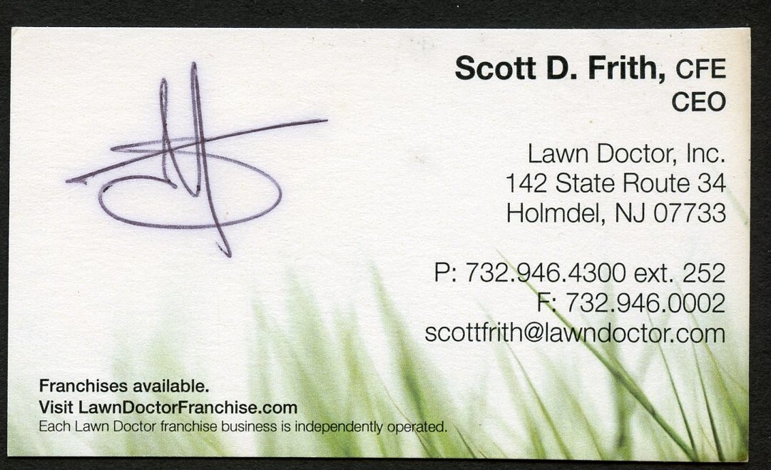 Scott D Frith signed autograph CEO Lawn Doctor Inc. Business Card BC083