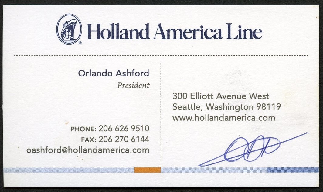Orlando Ashford signed auto President Holland America Line Business Card BC103