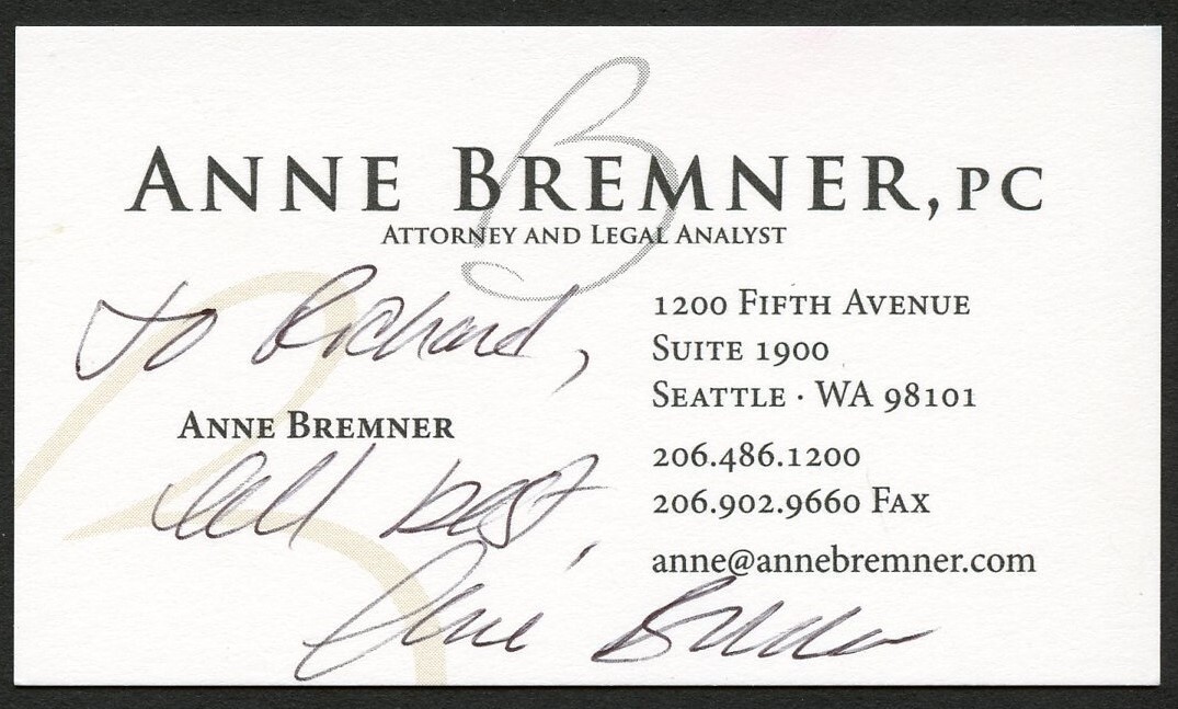 Anne Bremner signed autograph Attorney & Legal Analyst Business Card BC535